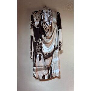 Evovorro Womens Printed Cowl Neck Shift Dress Long Sleeve Stretch Size XL Brown